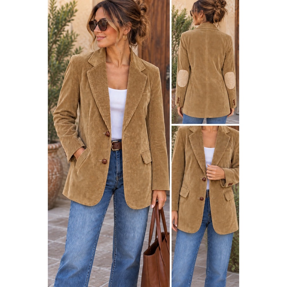 Allison Smith Vintage Tan Corduroy Blazer Jacket Elbow Patches Size 8 Japan
